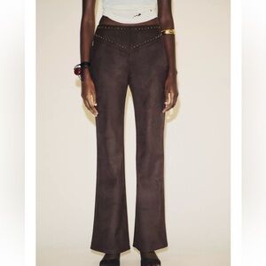 Zara NWT brown studded faux suede embellished pants